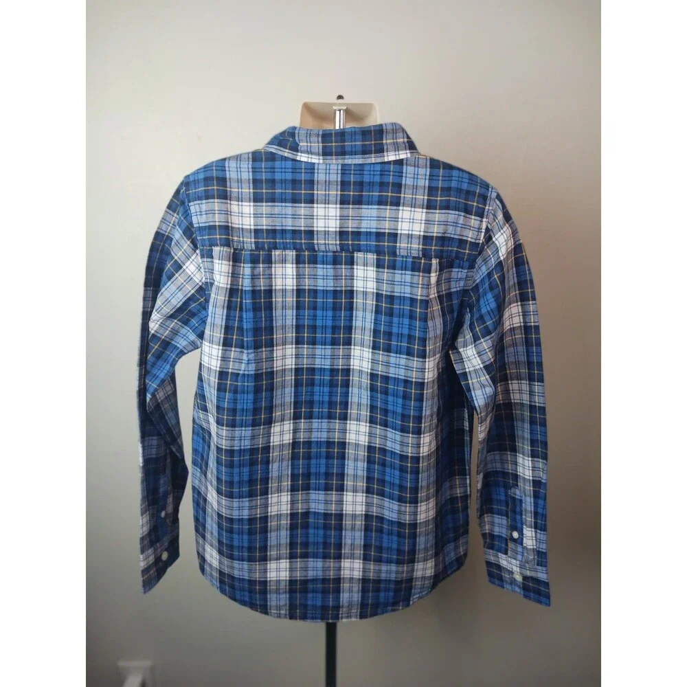 Children’s Place Boy’s Preppy Button Up Plaid Long Sleeve Shirt Blue White  7/8